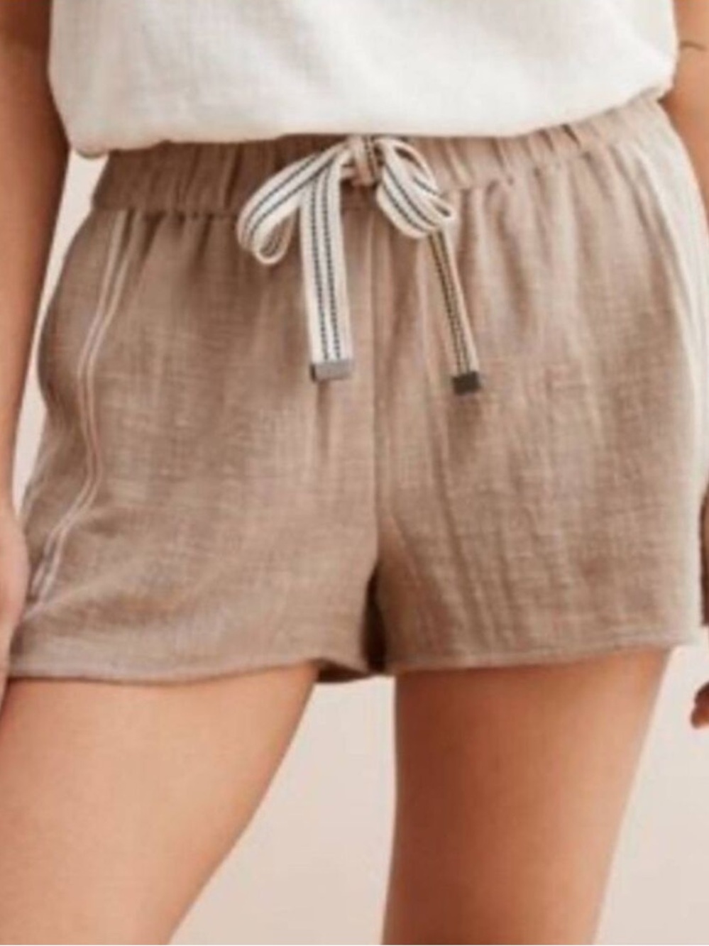 Aerie Women L Tan Striped Cotton Casual Beach Drawstring Breezy Gauze Shorts
